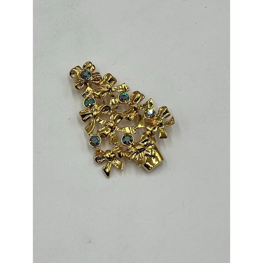 Avon Vintage‎ Christmas Tree Gold Tone AB Rhinestone Bows 1992 Holiday Brooch